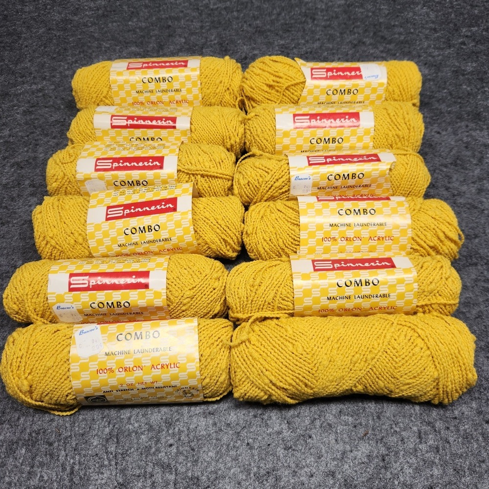 Spinnerin Vintage Yellow Gold Orlon Acrylic Combo Yarn Lot 12 Skeins NOS Sweater